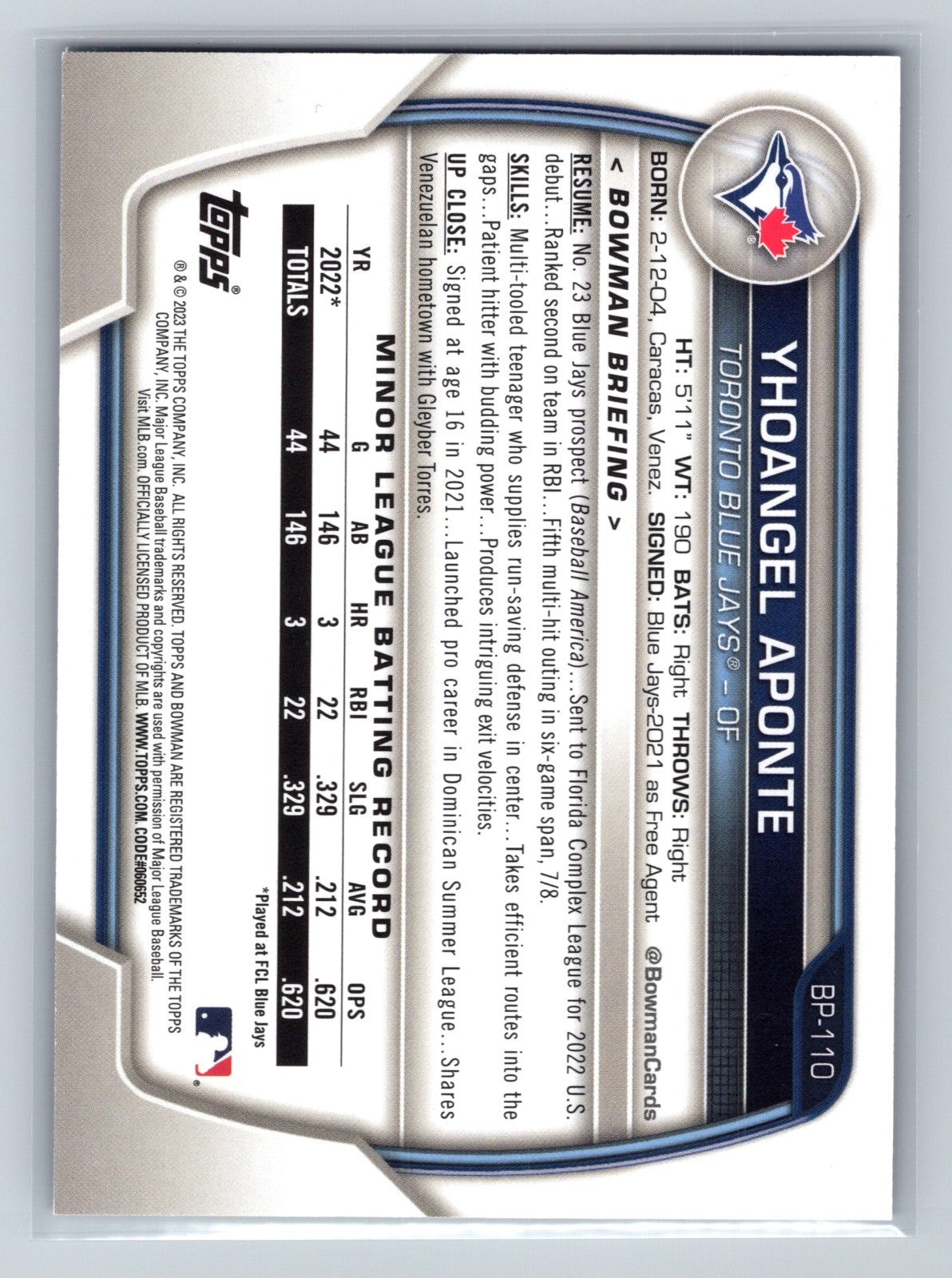 Yhoangel Aponte 2023 Bowman 1st Paper Purple /250 #BP-110 Blue Jays