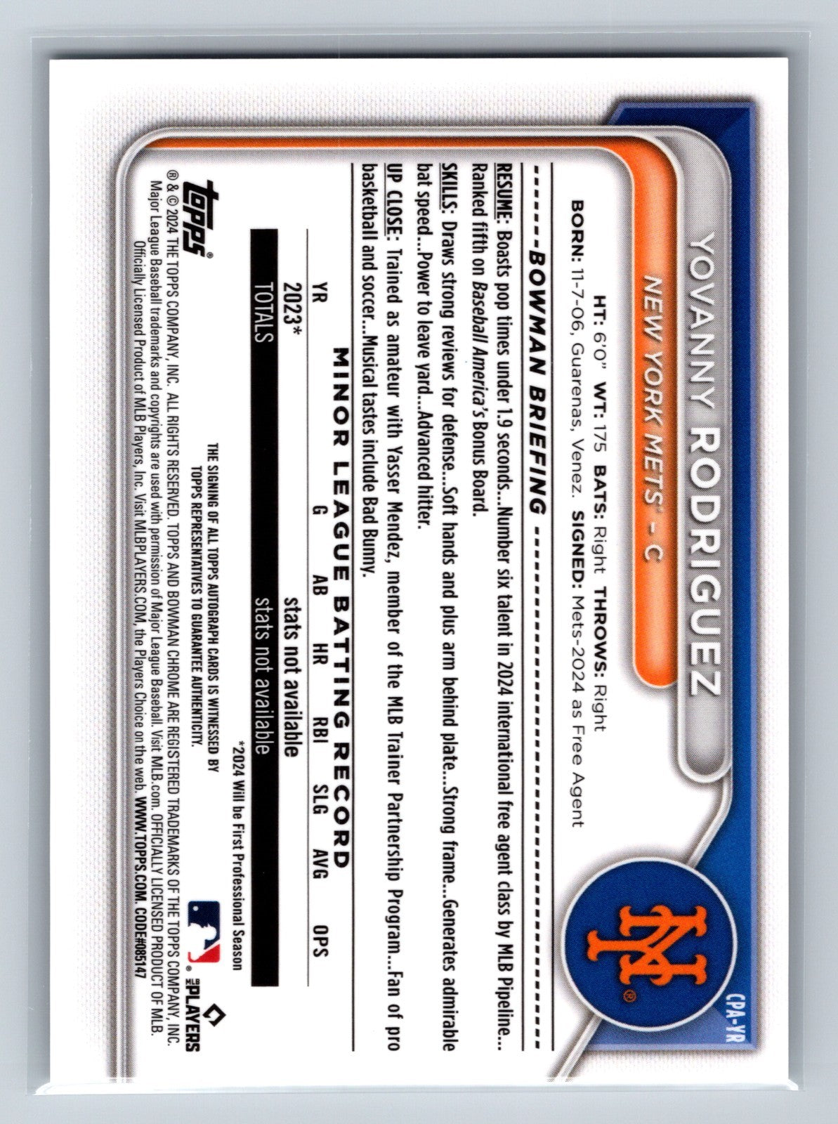 Yovanny Rodriguez 2024 Bowman Chrome 1st Auto #CPA-YR Mets