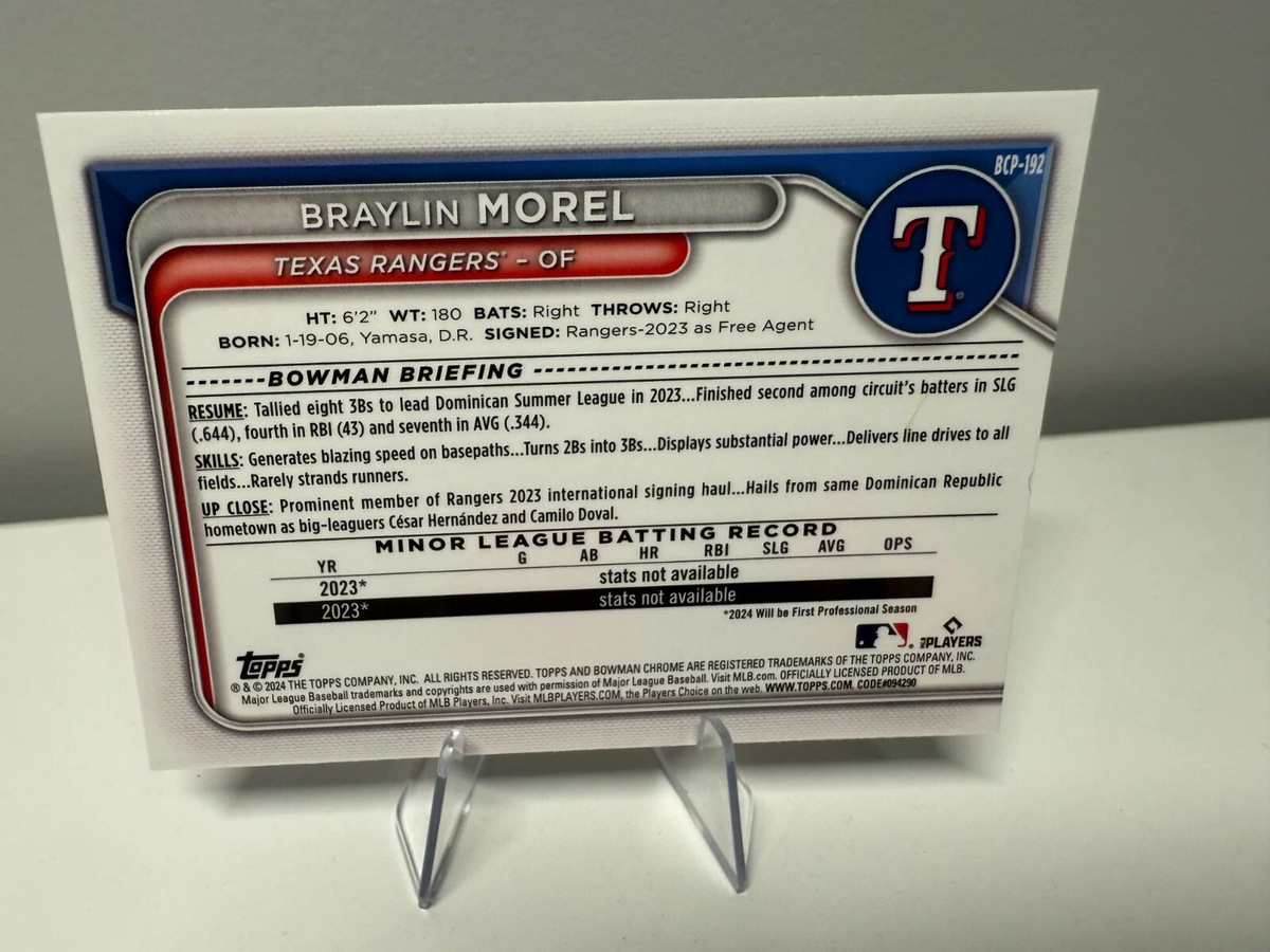 Braylin Morel 2024 Bowman Chrome 1st Purple Mojo Refractor /250 #BCP-192 Rangers