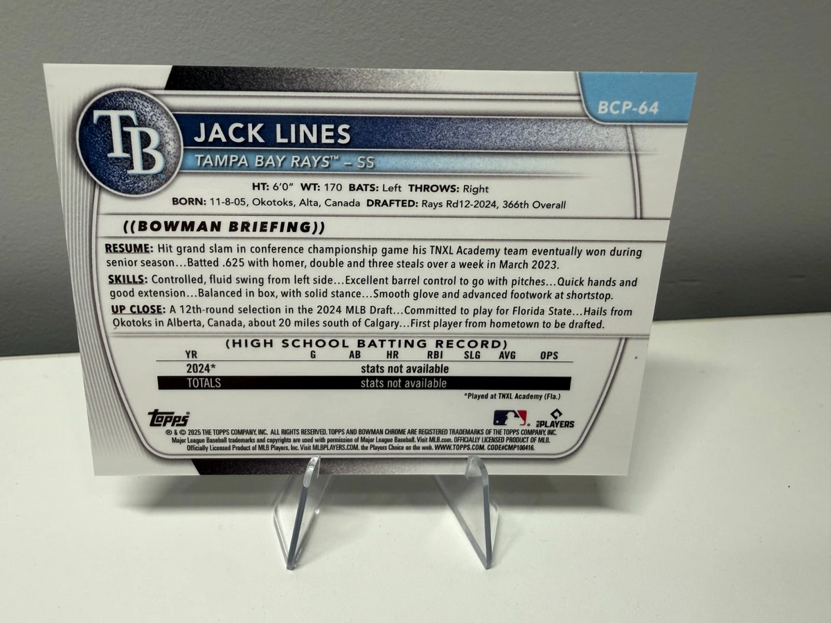Jack Lines 2025 Bowman Chrome 1st Steel Metal Refractor /100 #BCP-64 Rays