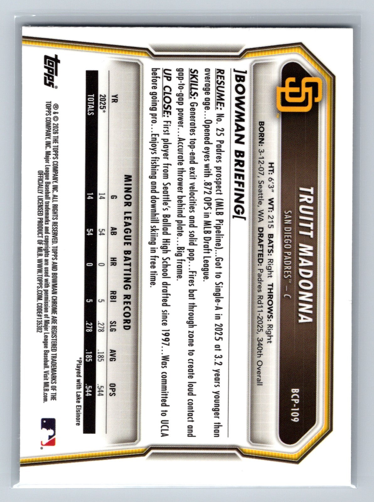 Truitt Madonna 2026 Bowman Chrome 1st Lava Refractor /399 #BCP-109 Padres