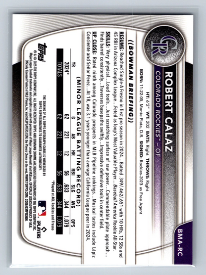 Robert Calaz 2025 Bowman Chrome Purple Mojo Refractor Auto /199 #BMA-RC Rockies
