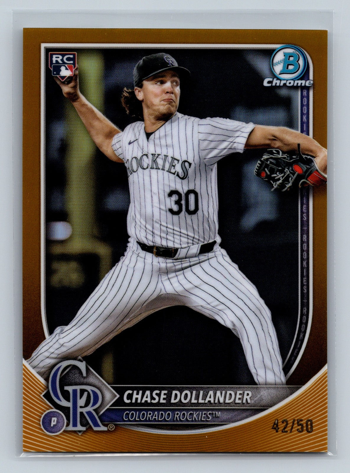Chase Dollander 2025 Bowman Chrome Gold Refractor RC /50 #62 Rockies
