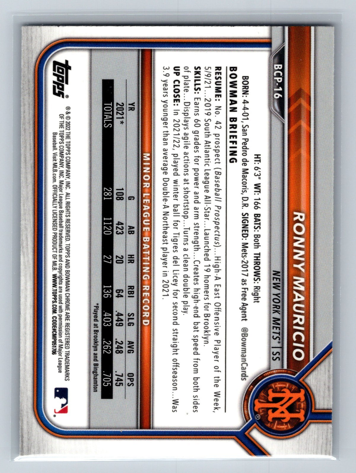 Ronny Mauricio 2022 Bowman Chrome Prospect Atomic Refractor #BCP-16 Mets