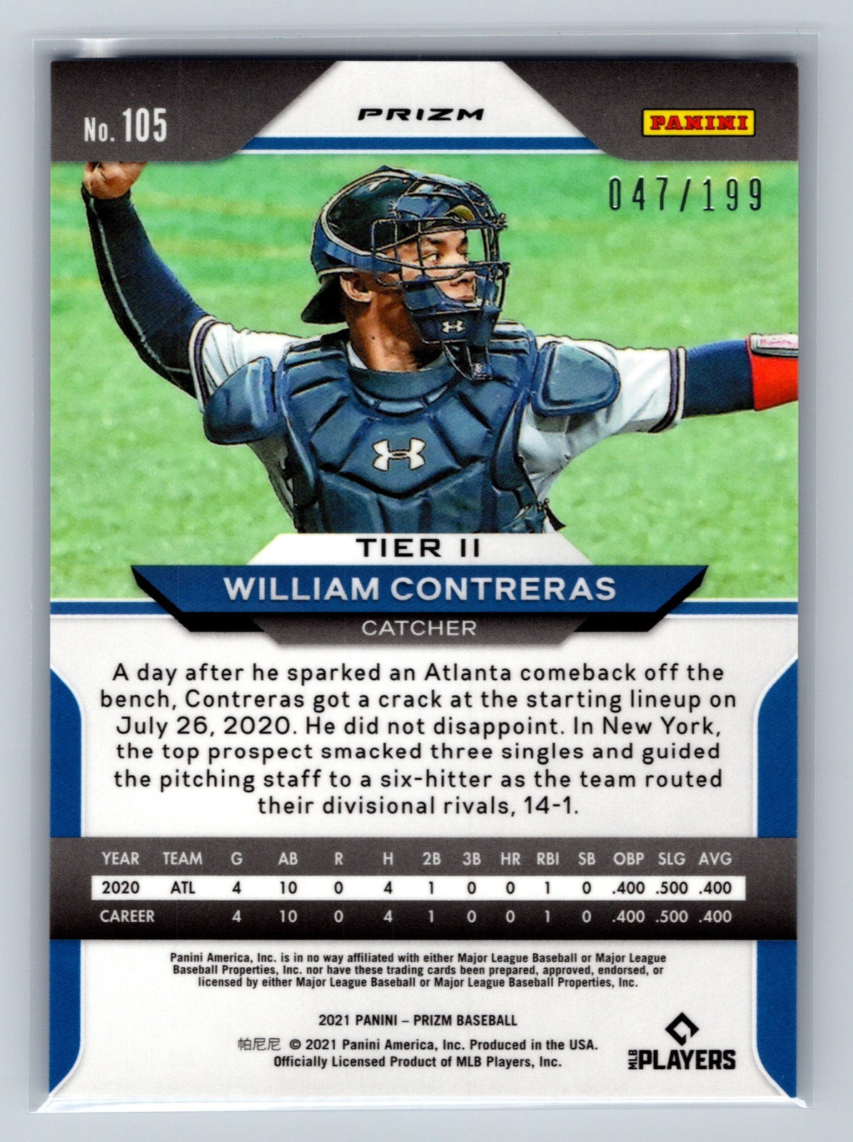 William Contreras 2021 Panini Prizm Tier II Blue Mojo Prizm RC /199 #105 Braves