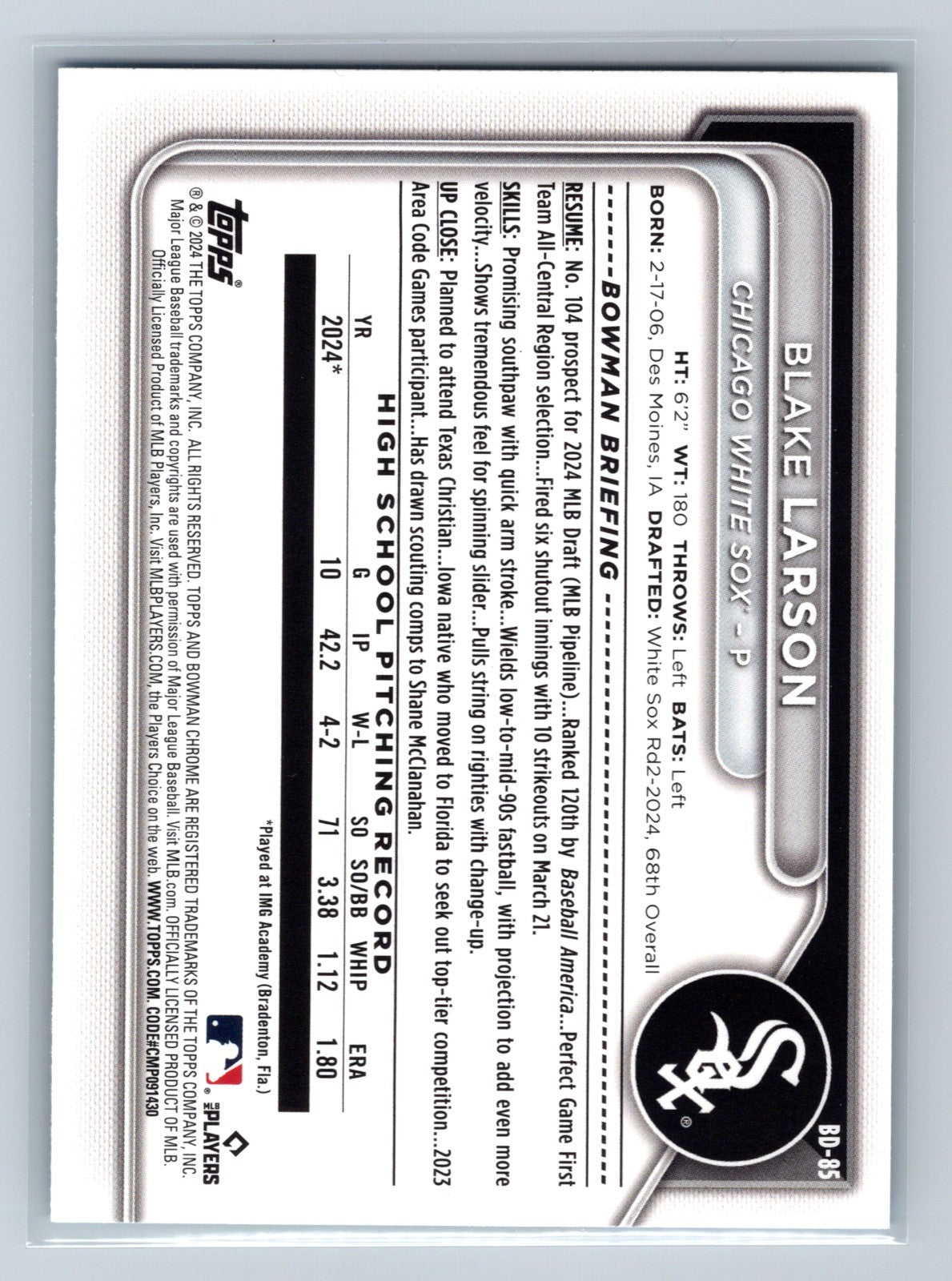 Blake Larson 2024 Bowman Draft 1st Paper Sky Blue /499 #BD-85 White Sox