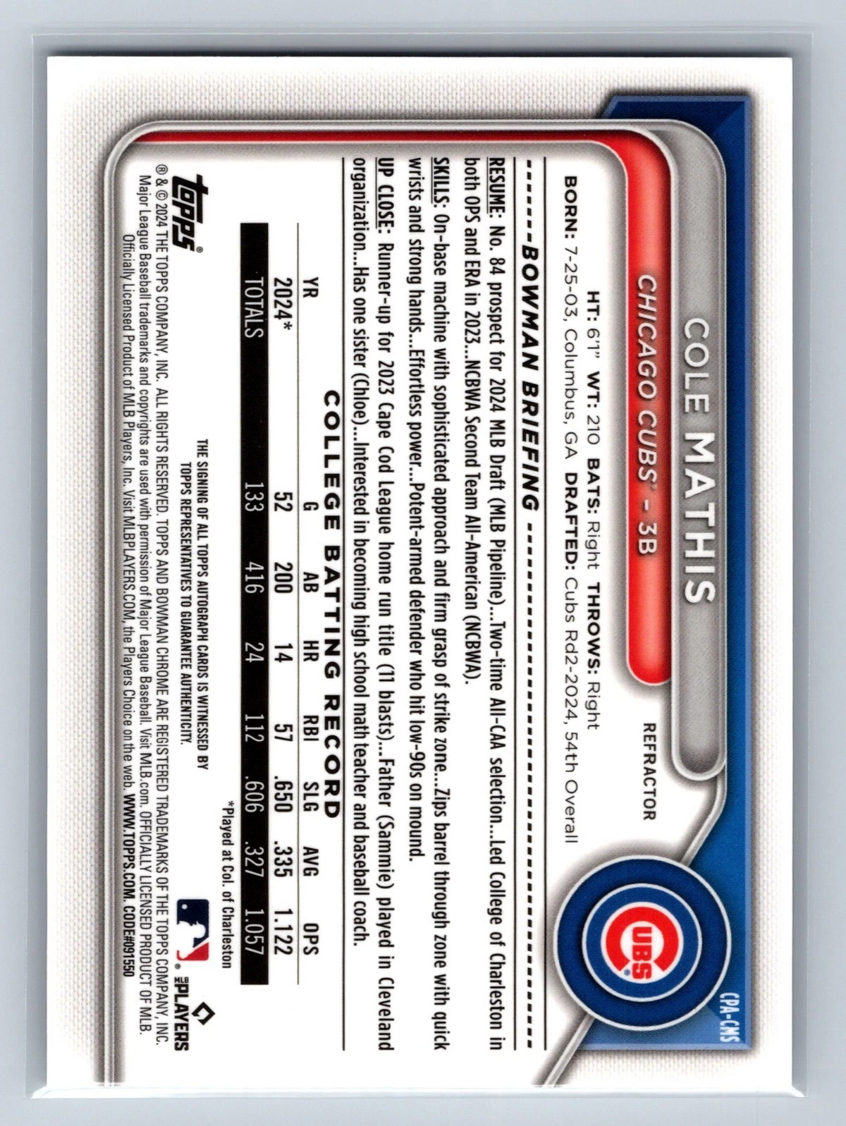 Cole Mathis 2024 Bowman Draft Chrome 1st Refractor Auto /499 #CPA-CMS Cubs