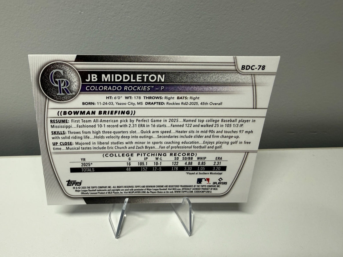 Jb Middleton 2025 Bowman Draft Chrome 1st Sky Blue Refractor #BDC-78 Rockies