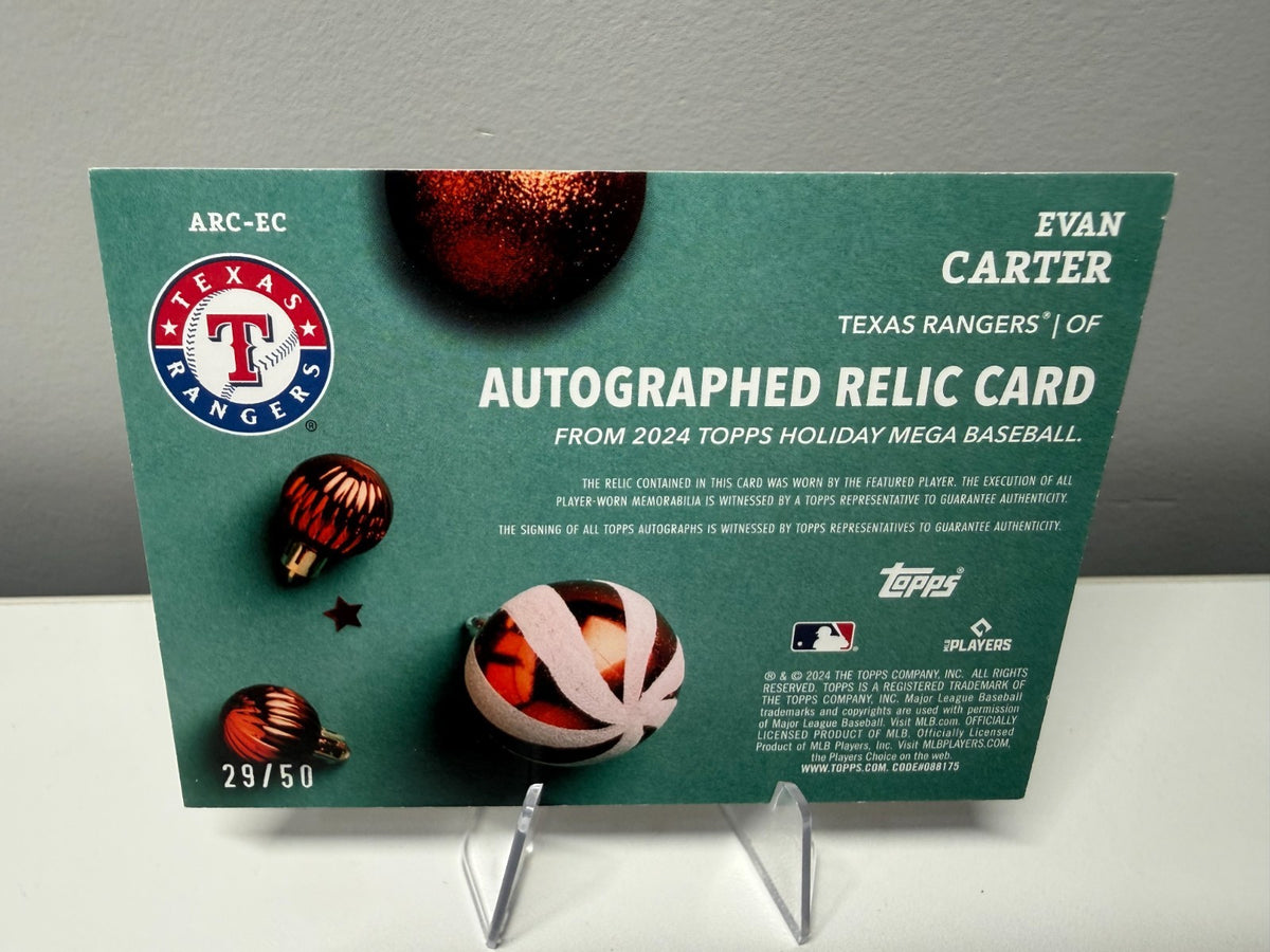Evan Carter 2024 Topps Holiday Player Worn Auto Relic RC /50 #ARC-EC Rangers
