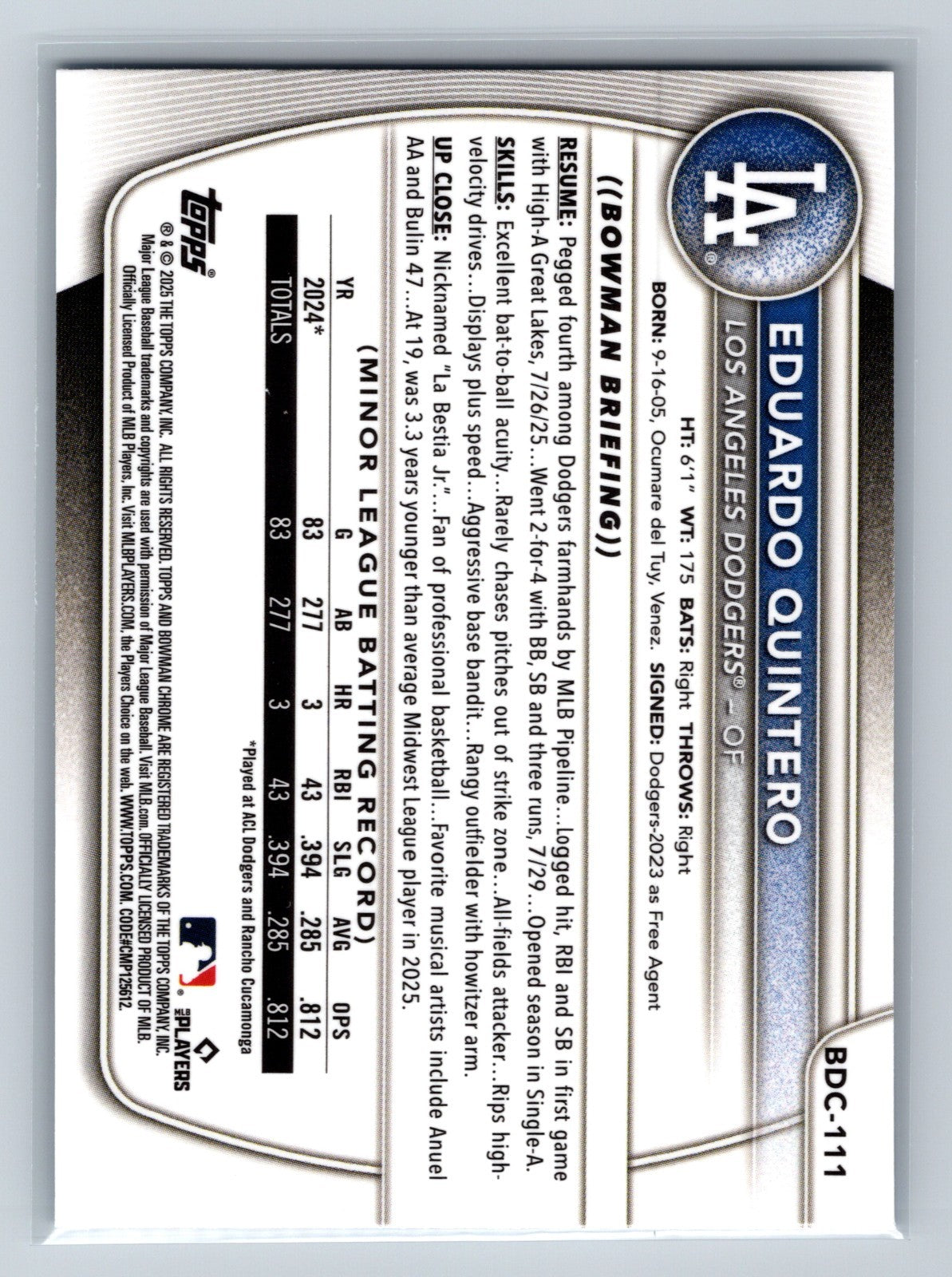 Eduardo Quintero 2025 Bowman Draft Sky Blue Refractor #BDC-111 Dodgers
