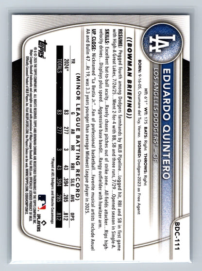 Eduardo Quintero 2025 Bowman Draft Sky Blue Refractor #BDC-111 Dodgers