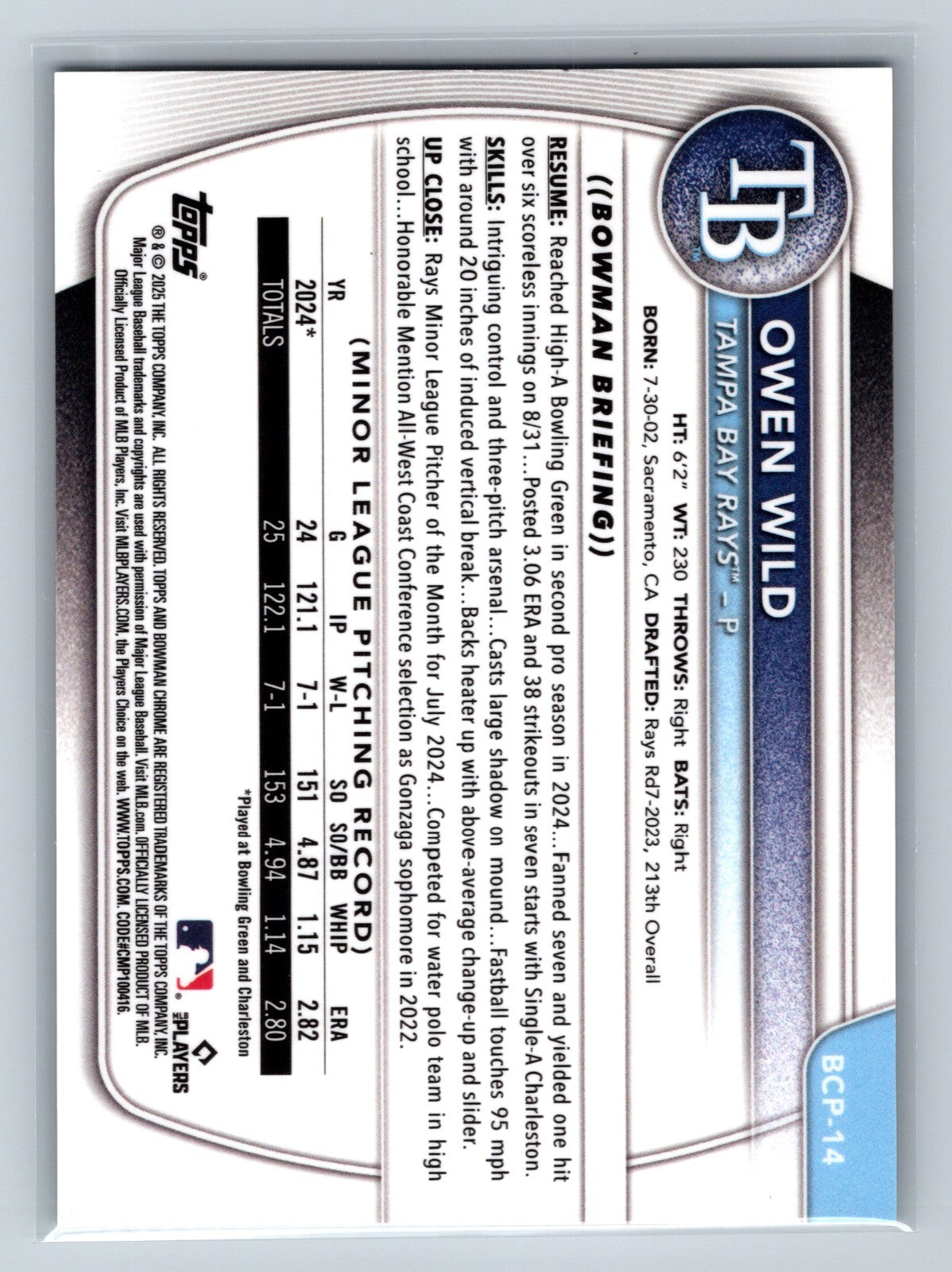 Owen Wild 2025 Bowman Chrome 1st Green Grass Refractor /99 #BCP-14 Rays