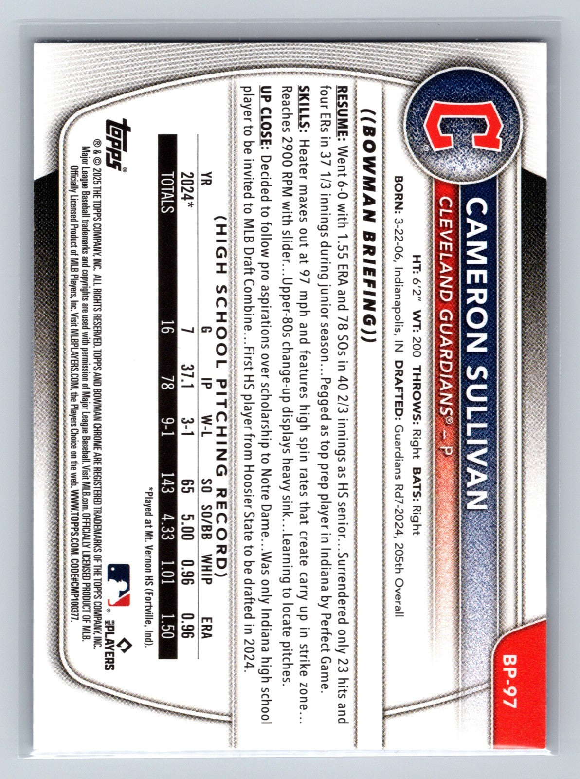 Cameron Sullivan 2025 Bowman 1st Paper Purple /250 #BP-97 Guardians