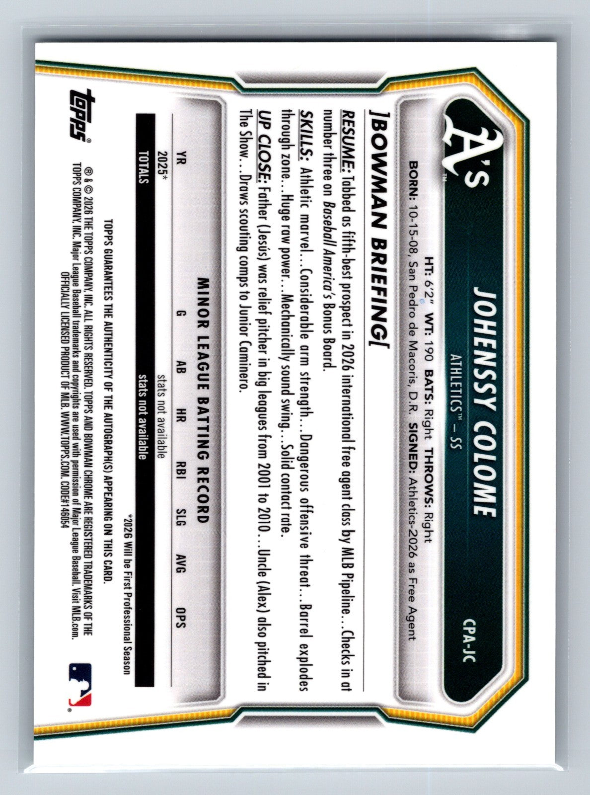 Johenssy Colome 2026 Bowman Chrome 1st Auto #CPA-JC Athletics