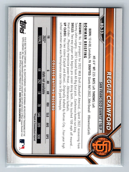 Reggie Crawford 2022 Bowman Draft 1st Paper Aqua /199 BD-33 Giants