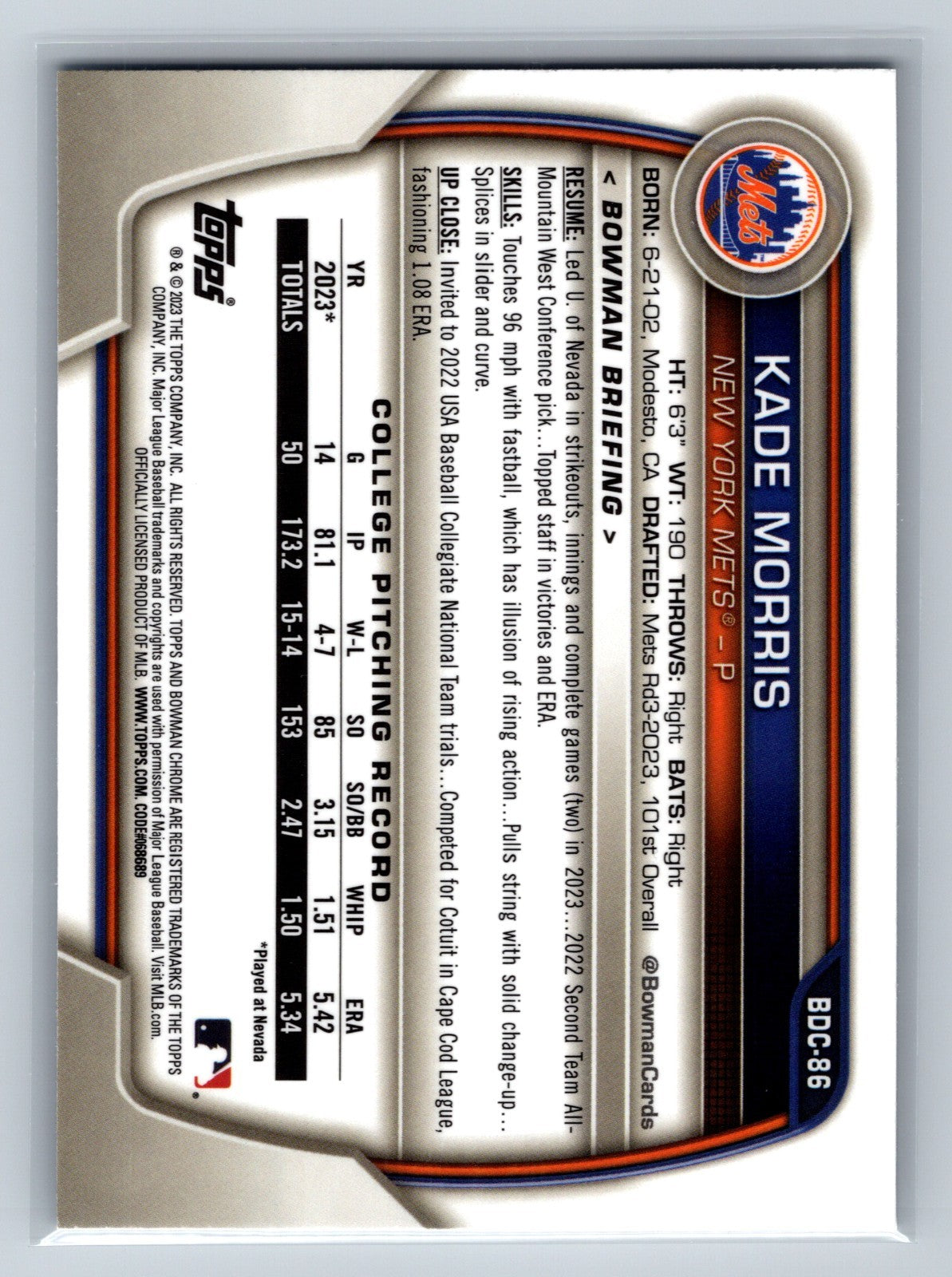 Kade Morris 2023 Bowman Draft Chrome 1st Blue Refractor /150 #BDC-86 Mets