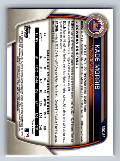 Kade Morris 2023 Bowman Draft Chrome 1st Blue Refractor /150 #BDC-86 Mets