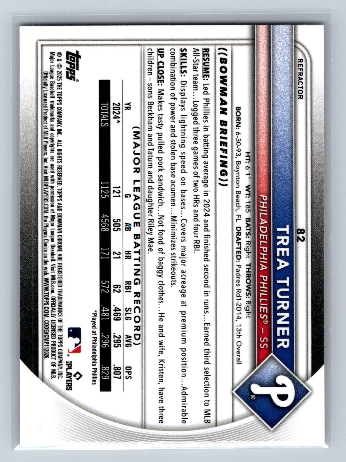 Trea Turner 2025 Bowman Chrome Refractor /499 #82 Phillies