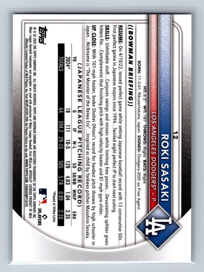 Roki Sasaki 2025 Bowman Chrome Sapphire Edition Image Variation RC #12 Dodgers