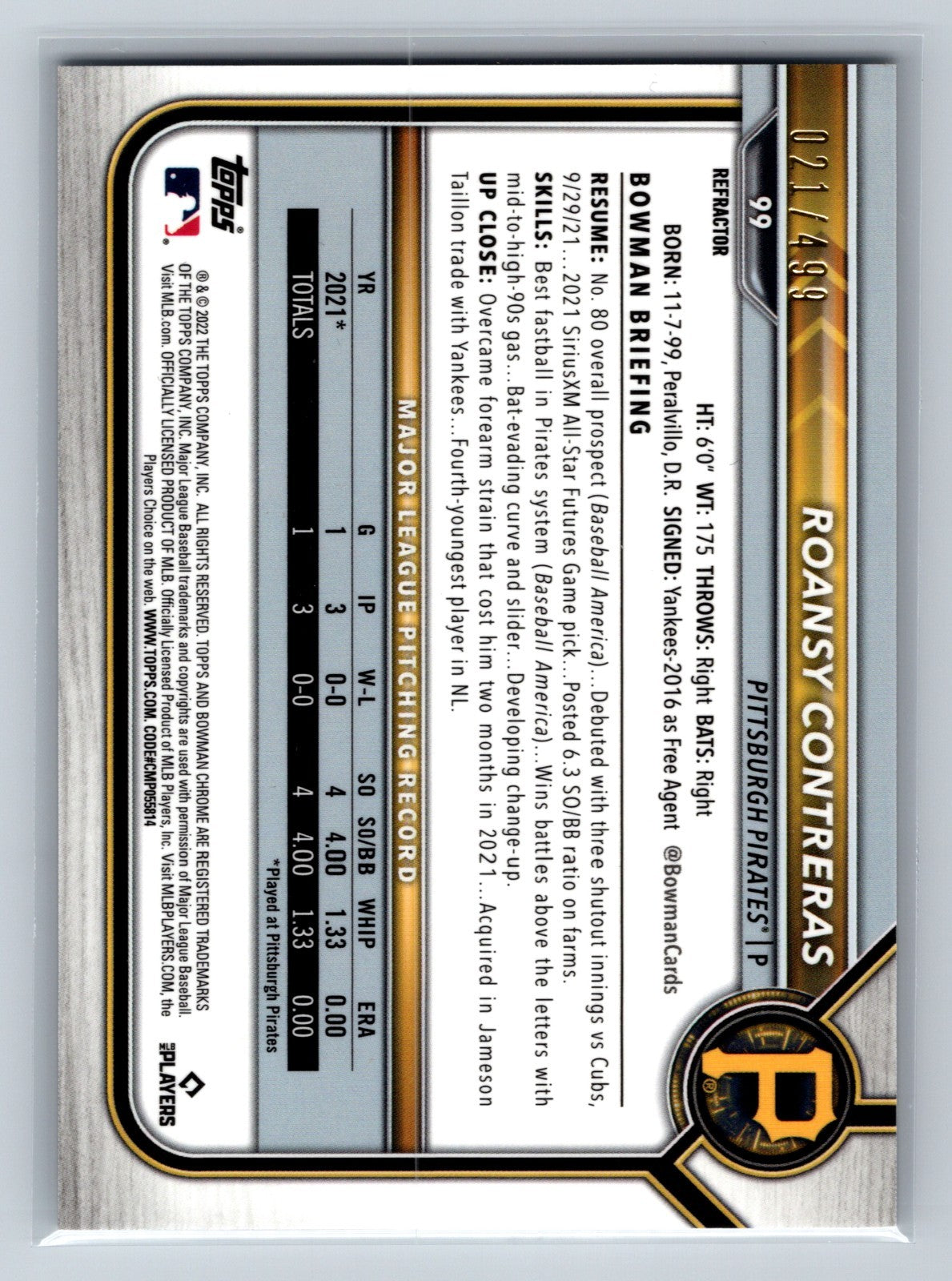 Roansy Contreras 2022 Bowman Chrome Refractor RC /499 #99 Pirates