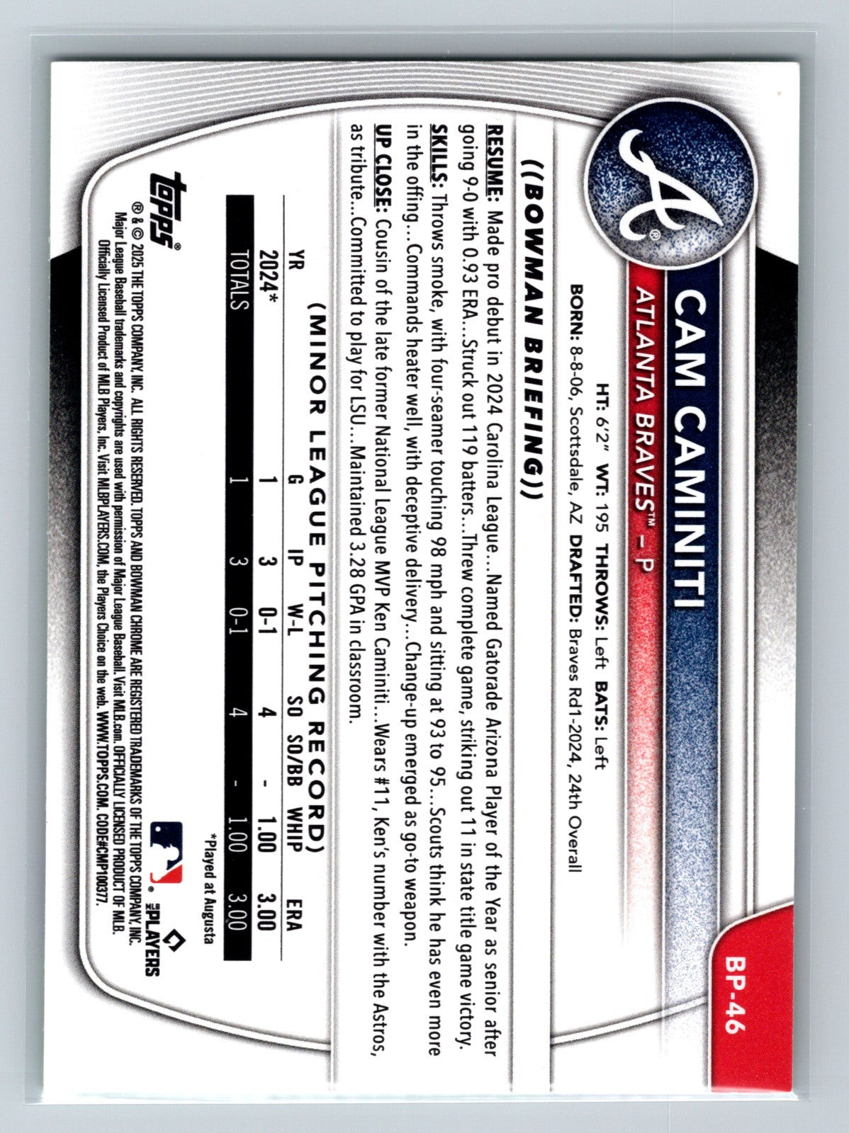 Cam Caminiti 2025 Bowman Paper Prospect Neon Green /399 #BP-46 Braves