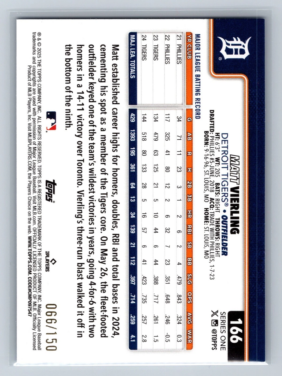 Matt Vierling 2025 Topps Series 1 Blue Rainbow Foil /150 #166 Tigers