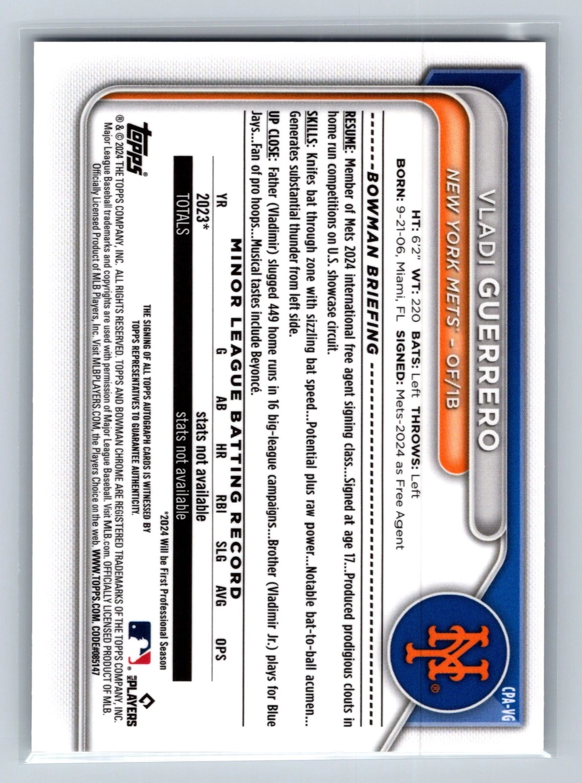 Vladi Guerrero 2024 Bowman Chrome 1st Speckle Refractor Auto /299 #CPA-GV Mets