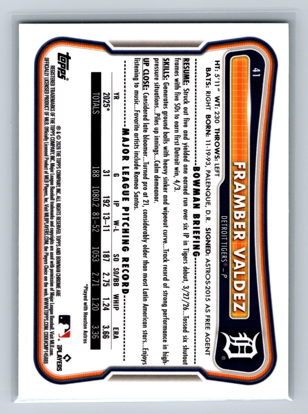 Framber Valdez 2026 Bowman Chrome Green Geometric Refractor /99 #41 Tigers