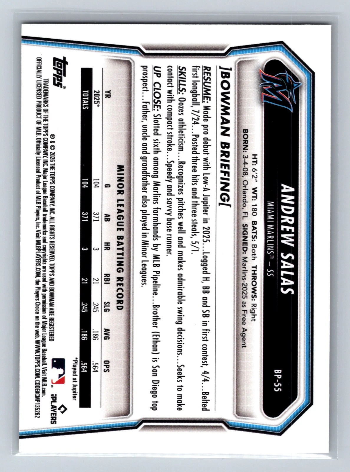 Andrew Salas 2026 Bowman Prospects Paper Gold Scorecard /50 #BP-55 Marlins
