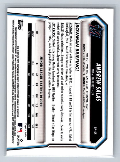 Andrew Salas 2026 Bowman Prospects Paper Gold Scorecard /50 #BP-55 Marlins