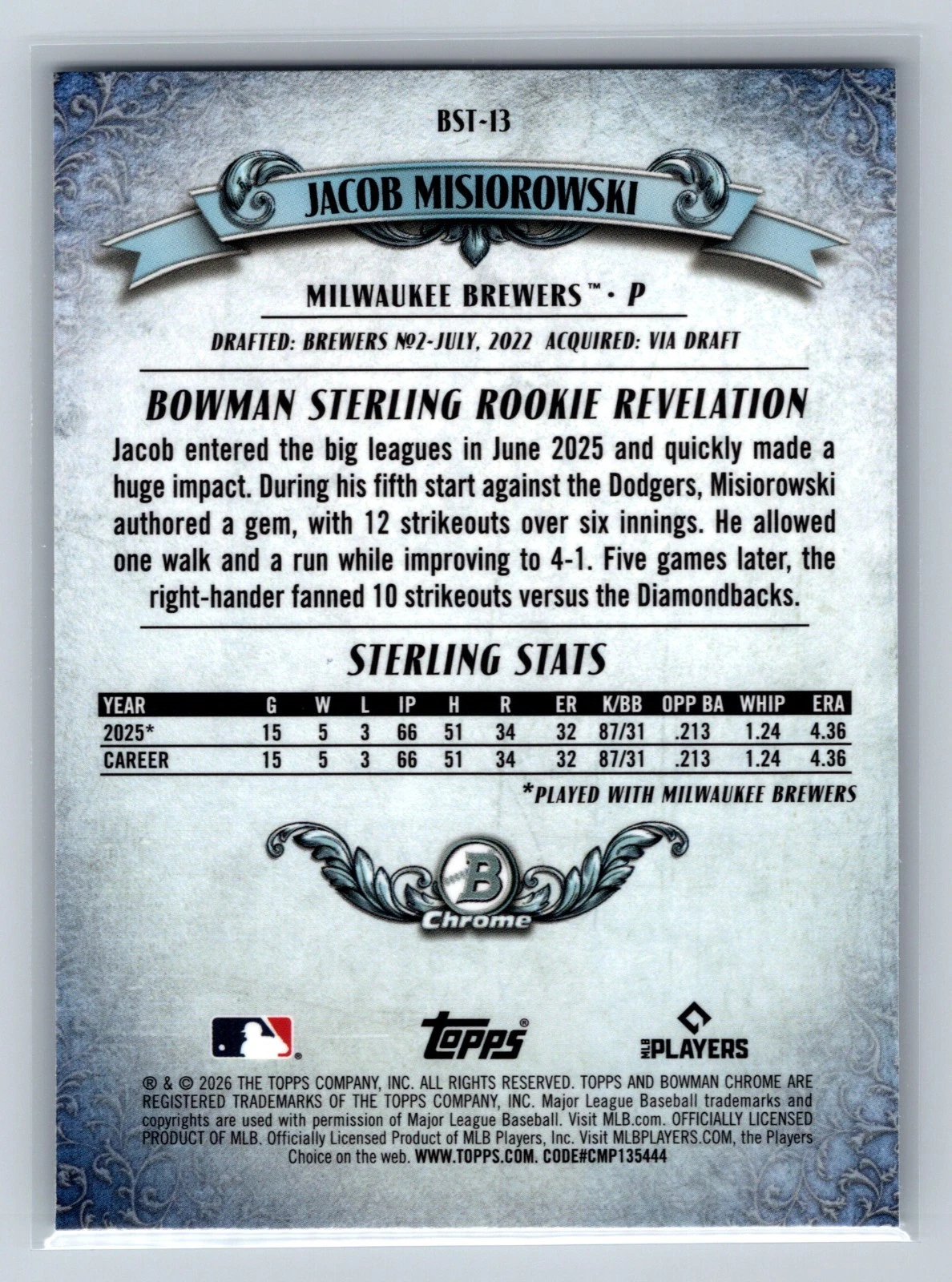 Jacob Misiorowski 2026 Bowman Chrome Sterling RC #BST-13 Brewers