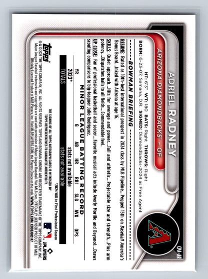 Adriel Radney 2024 Bowman Chrome 1st Auto #CPA-AR Diamondbacks