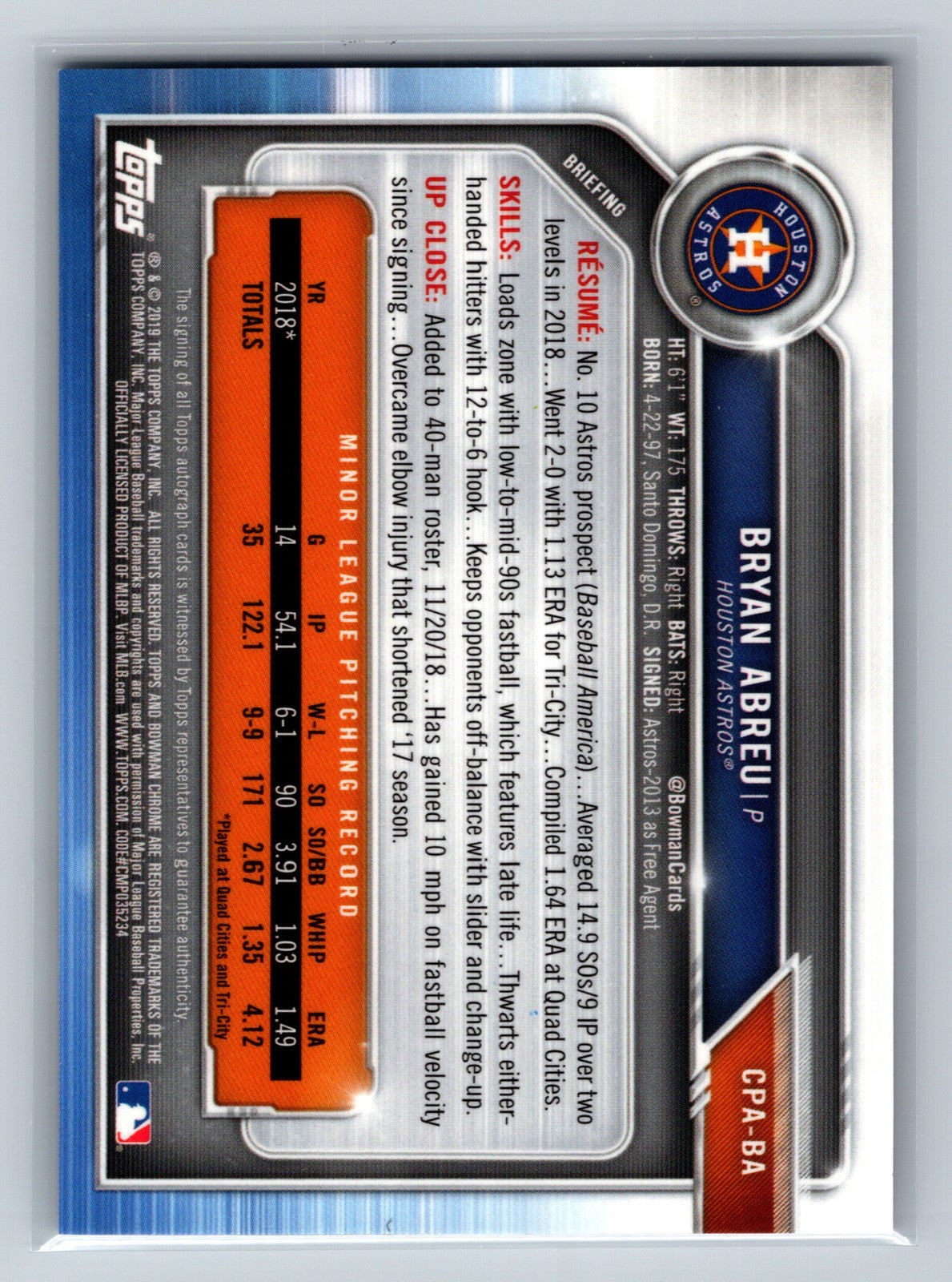 Bryan Abreu 2019 Bowman Chrome 1st Purple Refractor Auto /250 #CPA-BA Astros