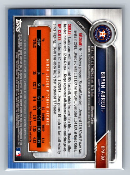 Bryan Abreu 2019 Bowman Chrome 1st Purple Refractor Auto /250 #CPA-BA Astros