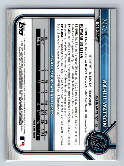 Kahlil Watson 2022 Bowman Chrome Prospect Orange Refractor /25 #BCP-211 Marlins