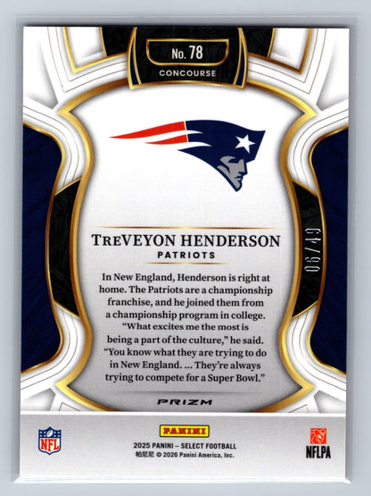 Treveyon Henderson 2025 Panini Select Concourse Orange Prizm RC /49 #78 Patriots