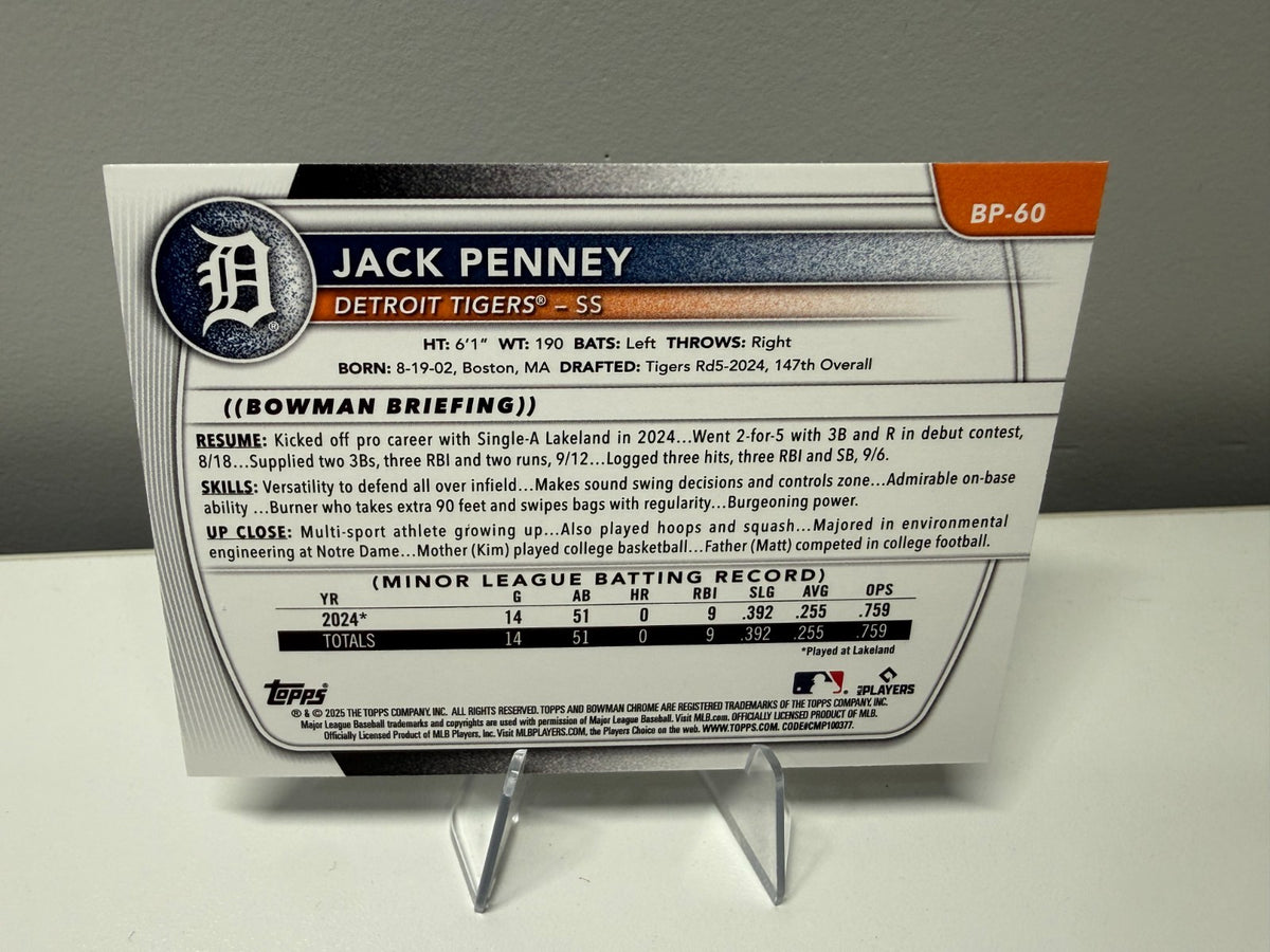 Jack Penney 2025 Bowman 1st Sky Blue Paper /499 #BP-60 Tigers