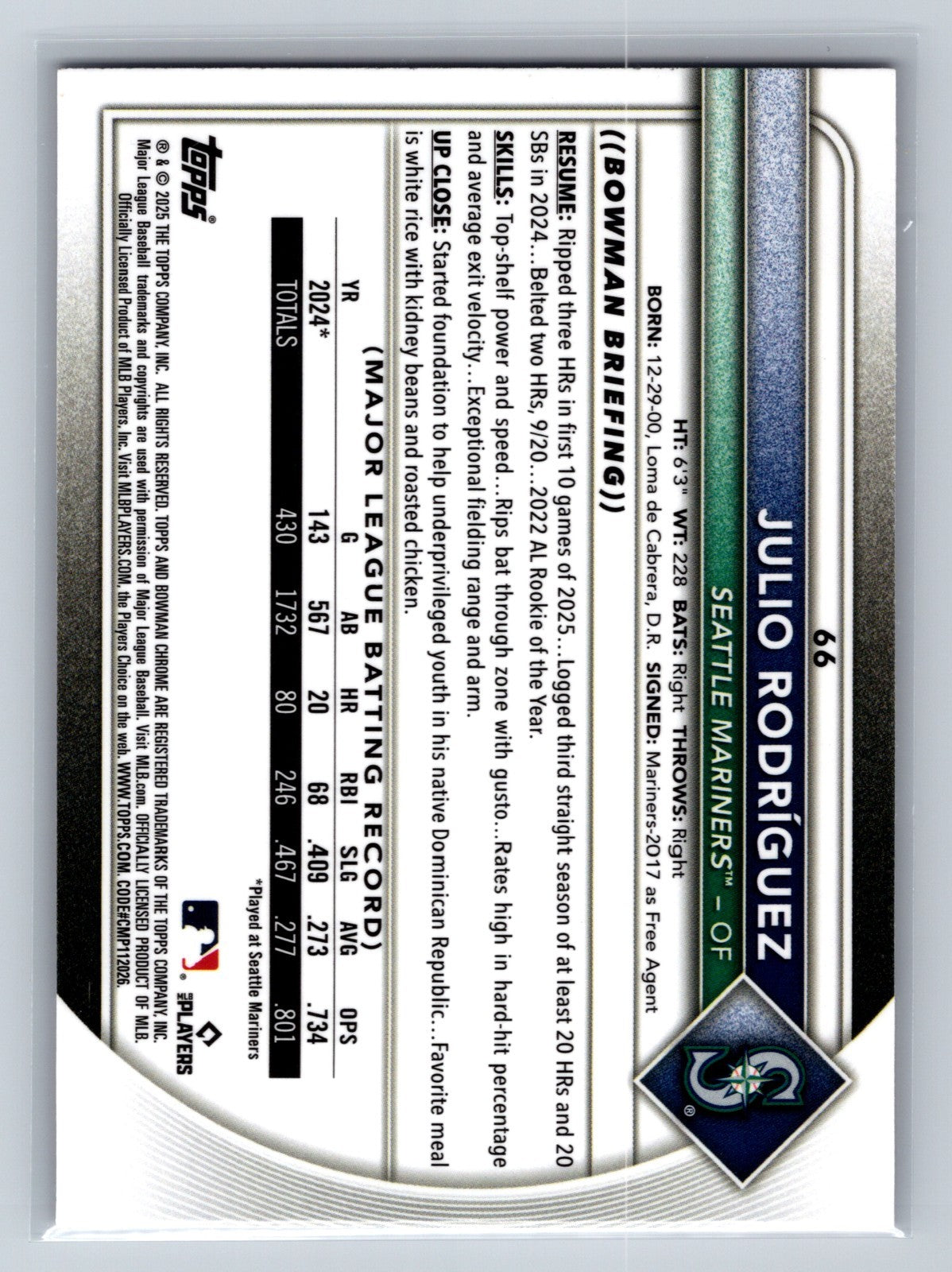 Julio Rodriguez 2025 Bowman Chrome Fuchsia Refractor /299 #66 Mariners