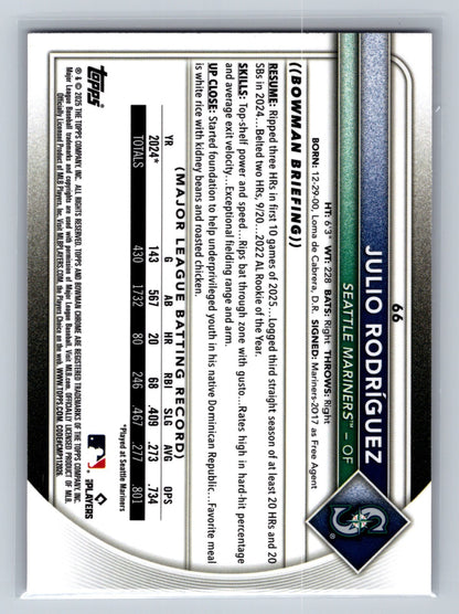 Julio Rodriguez 2025 Bowman Chrome Fuchsia Refractor /299 #66 Mariners