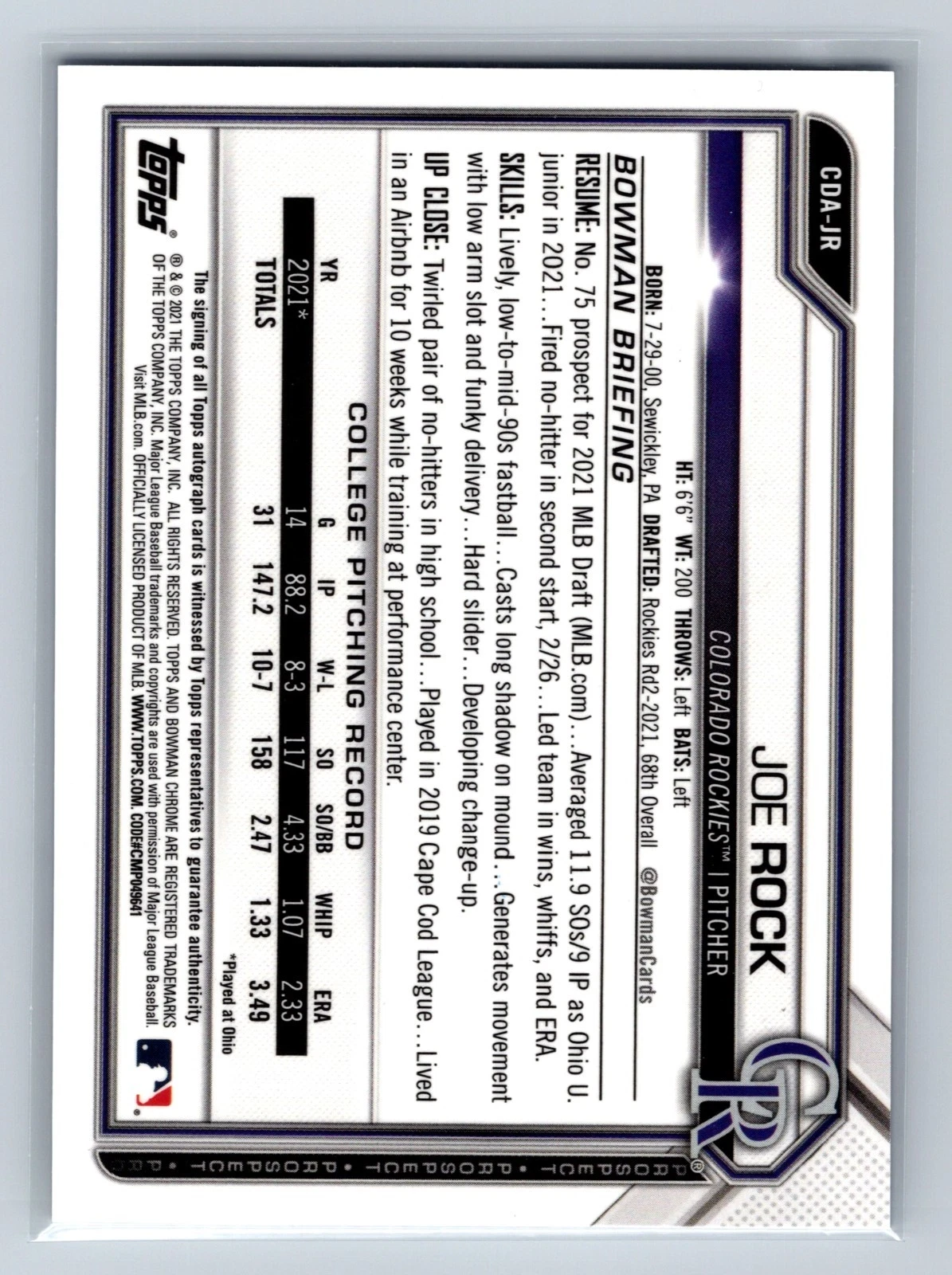 Joe Rock 2021 Bowman Draft Chrome 1st Blue Refractor Auto /499 #CDA-JR Rockies