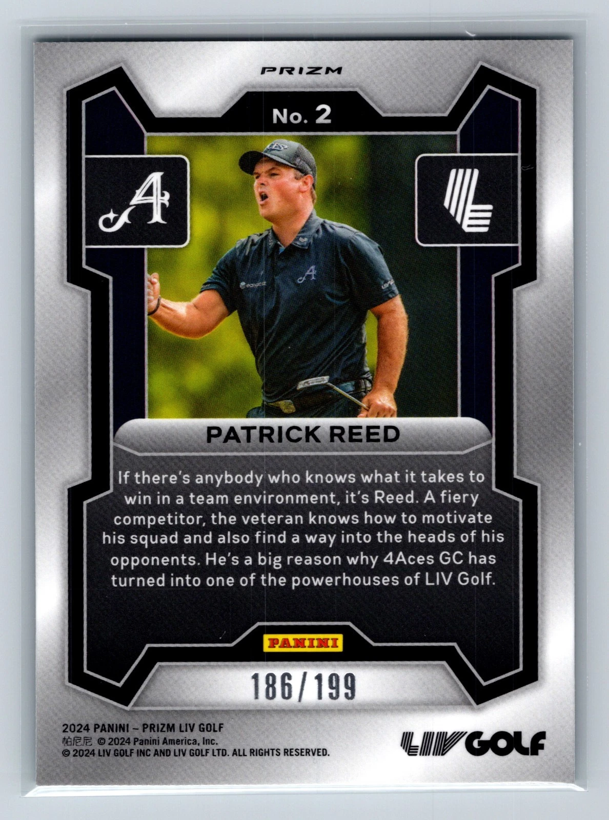 Patrick Reed 2024 Panini Prizm LIV Teal Prizm RC /199 #2
