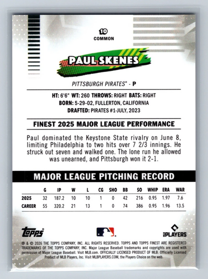Paul Skenes 2026 Topps Finest Common Blue Refractor /150 #10 Pirates