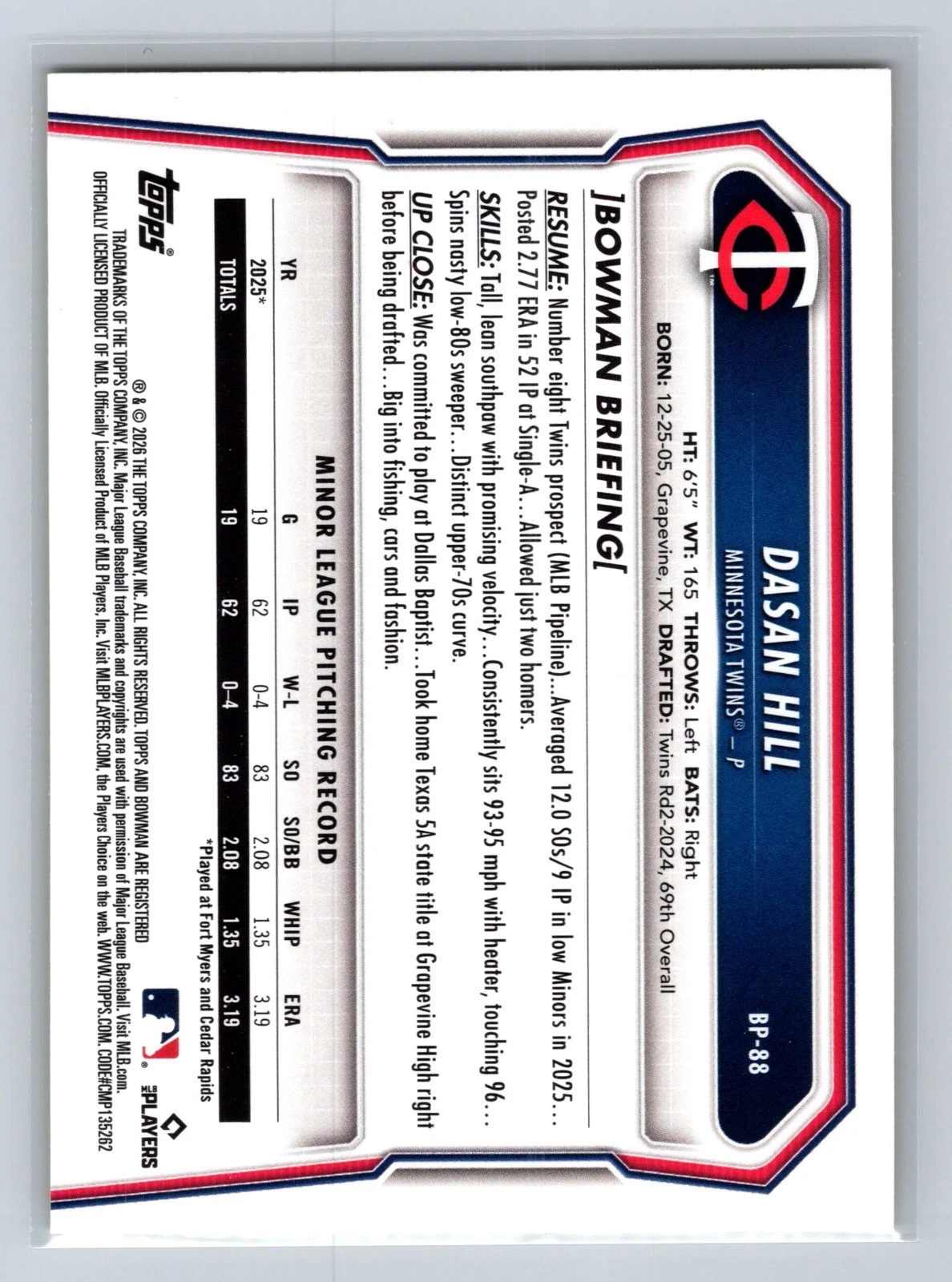 Dasan Hill 2026 Bowman 1st Paper Yellow /75 #BP-88 Twins