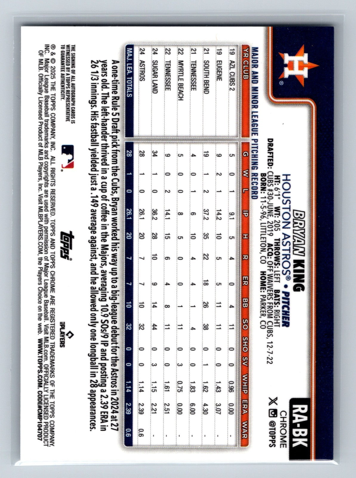 Bryan King 2025 Topps Chrome Auto RC #RA-BK Astros