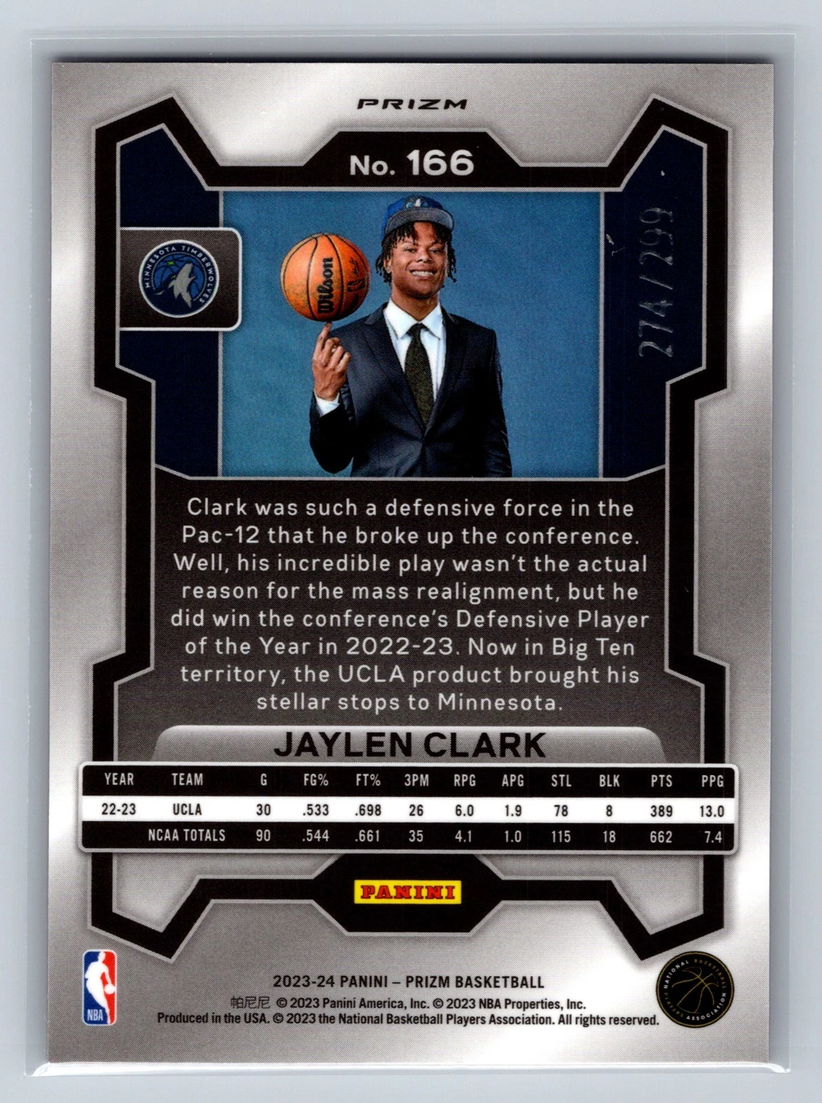 Jaylen Clark 2023-24 Panini Prizm Red Pulsar Prizm RC /299 #166 Timberwolves