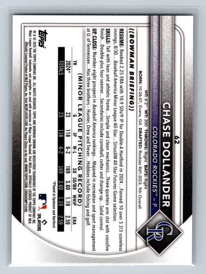 Chase Dollander 2025 Bowman Chrome Image Variation SP RC #62 Rockies