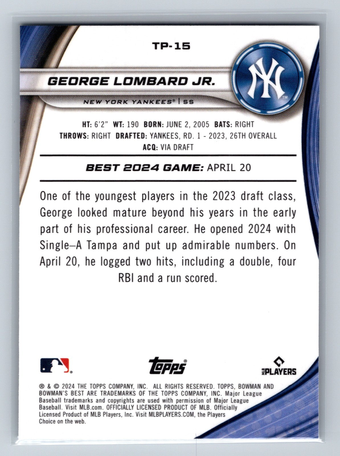 George Lombard Jr. 2024 Bowman's Best Top Prospect Purple Mojo Refractor /250