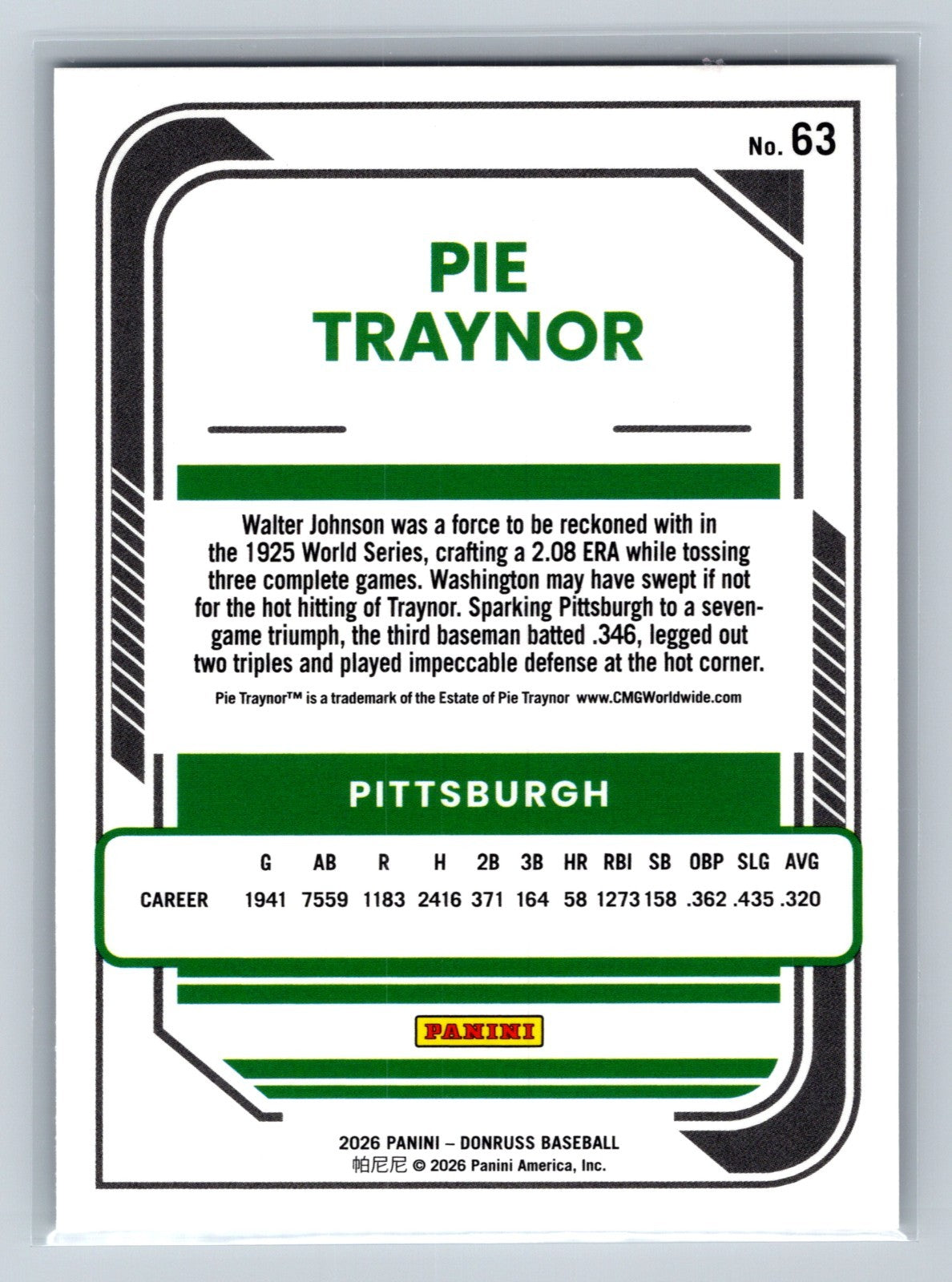 Pie Traynor 2026 Panini Donruss Laser #63 Pirates