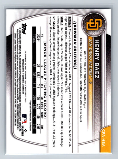 Henry Baez 2025 Bowman Chrome 1st Auto #CPA-HBA Padres