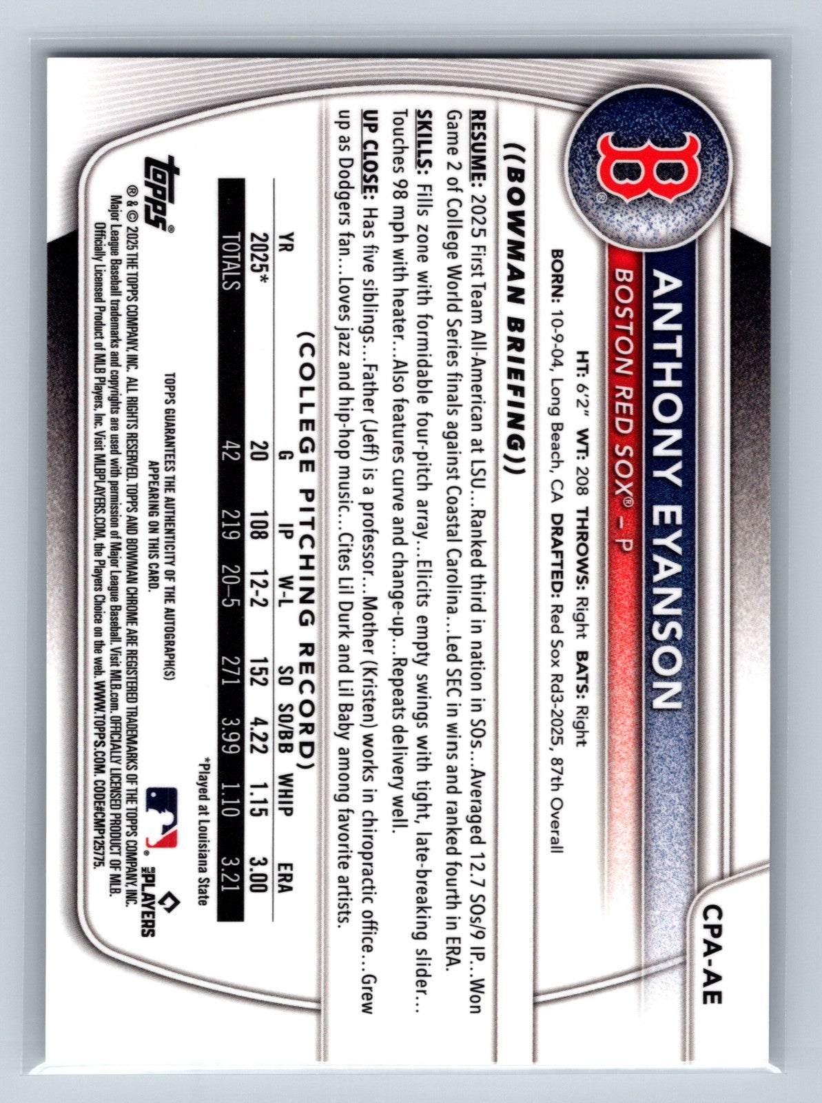 Anthony Eyanson 2025 Bowman Draft Chrome 1st Auto #CPA-AE Red Sox